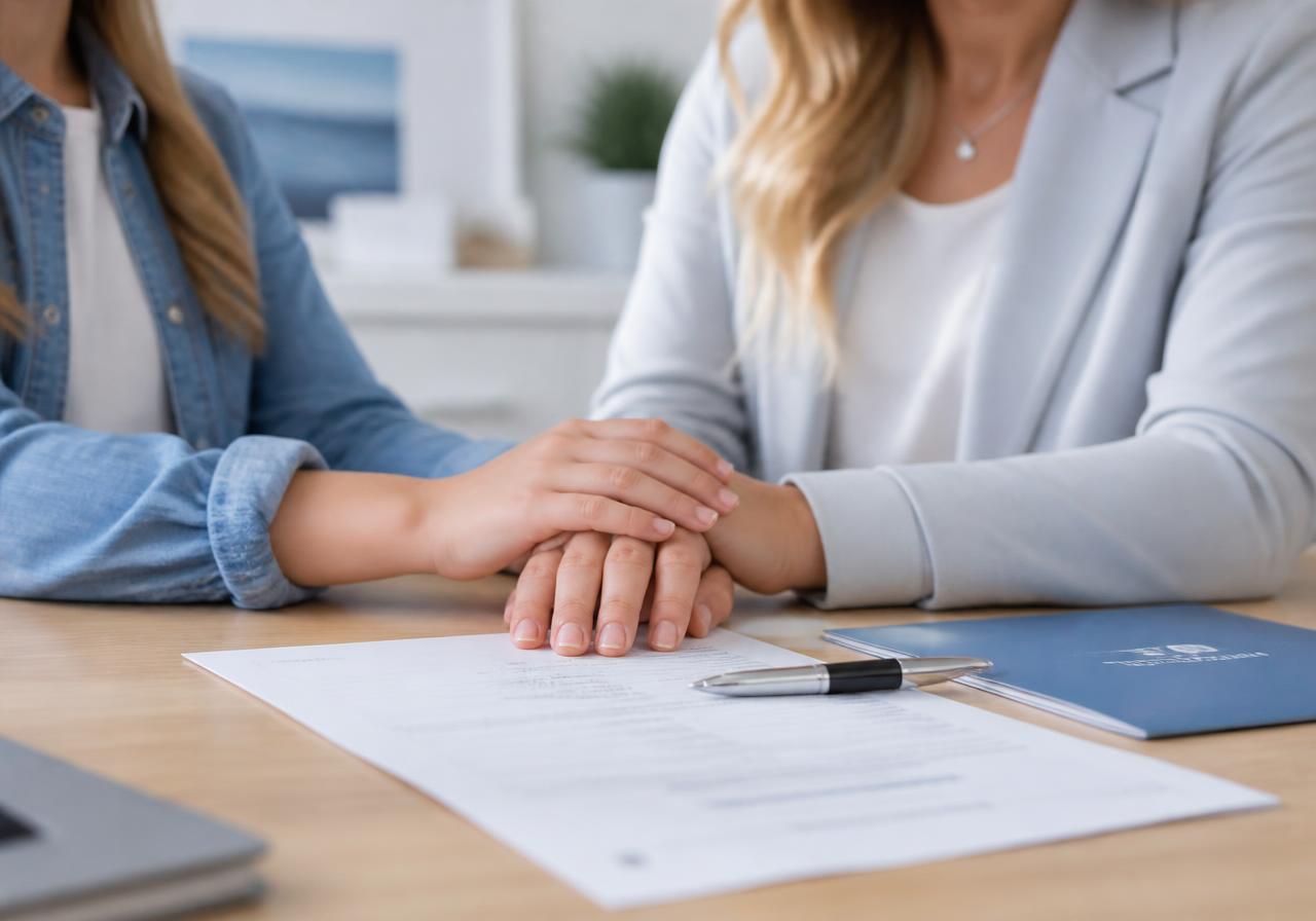 A supportive hand resting over another person's hand above paperwork