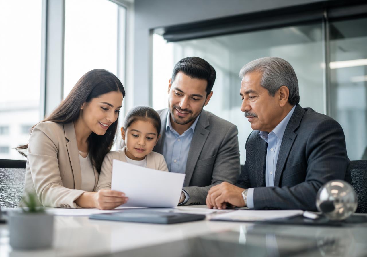 Family reviewing immigration documents together in a bright modern office