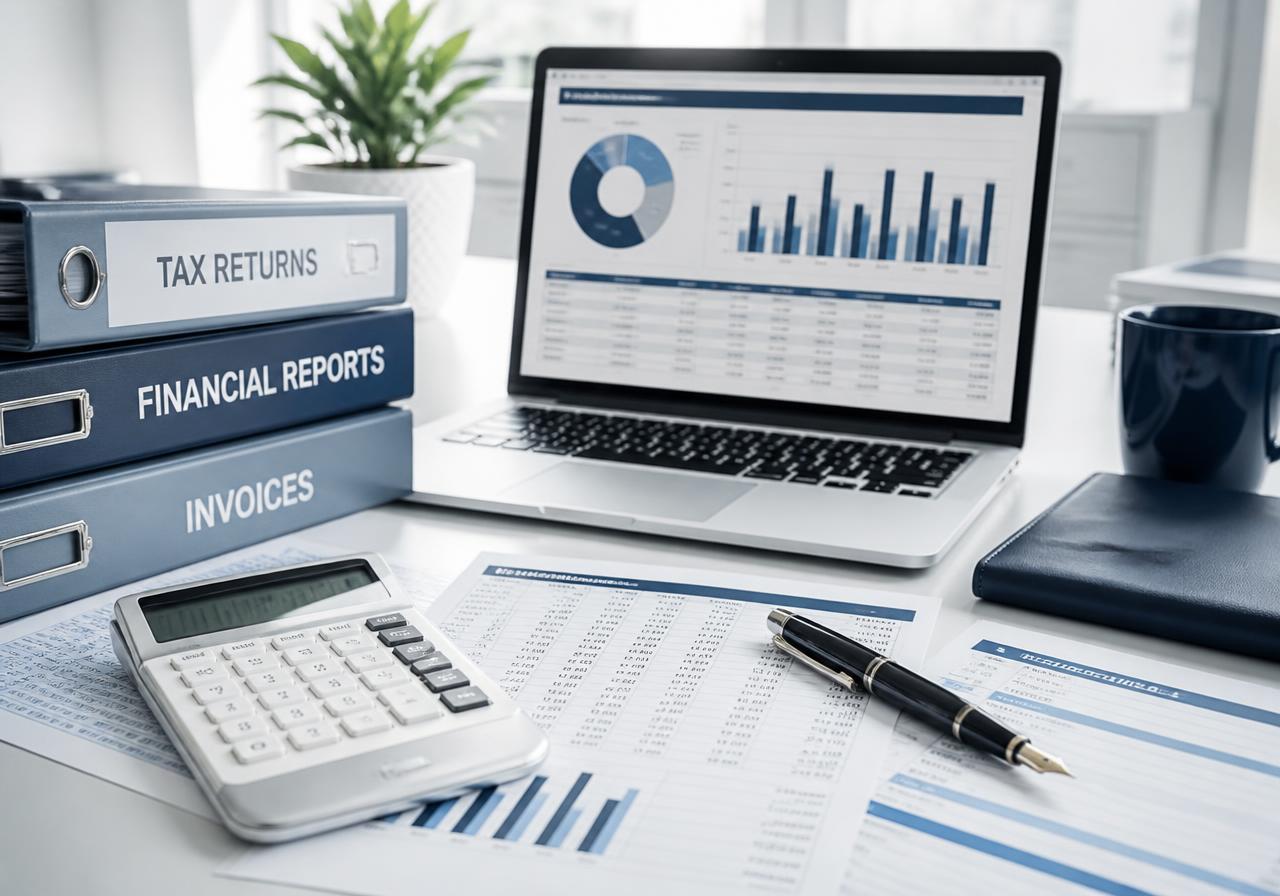 Organized tax documents, spreadsheets and a laptop showing financial charts